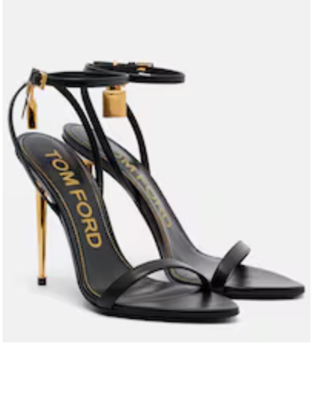 Tom Ford Black Leather Ankle-Strap Stiletto Sandals with Gold Heel